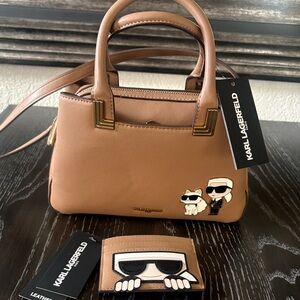 Karl Lagerfeld Brown Satchel & card wallet with Iconic Characters